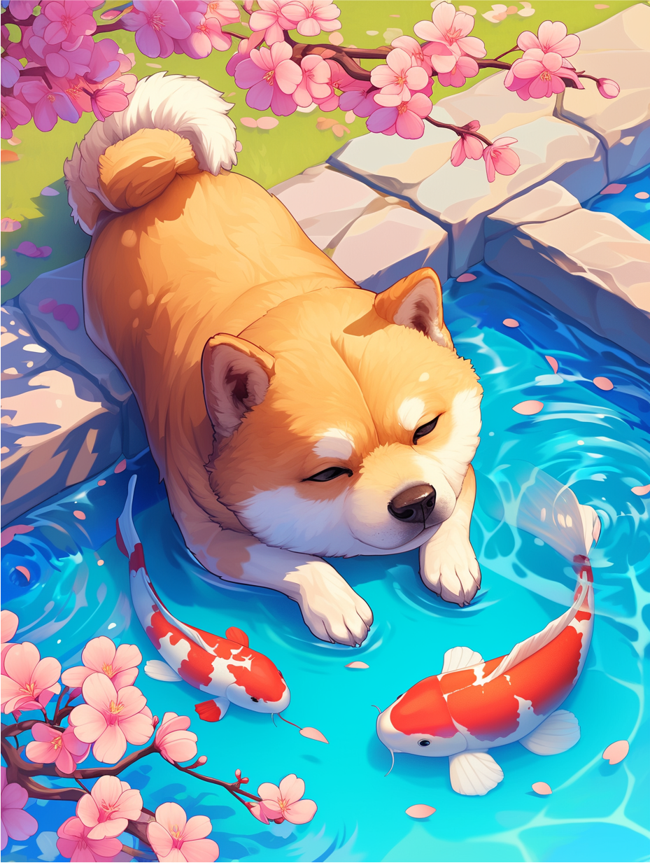 Shiba Inu Relaxing by a Koi Pond - Shiba Inu Print