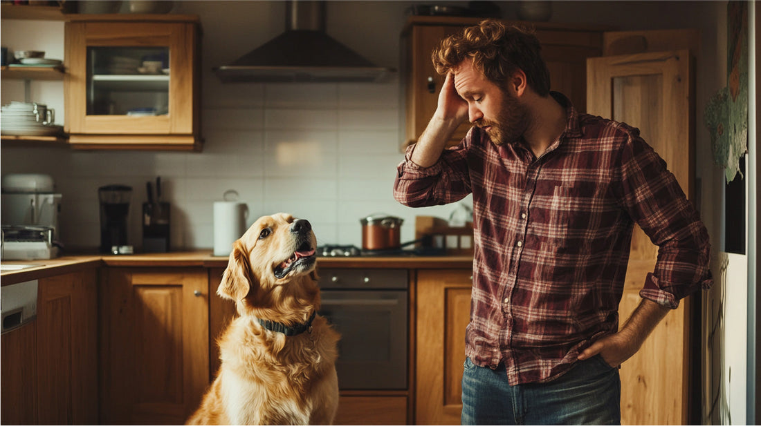 An owner stood beside his Golden Labrador looking confused in a kitchen setting