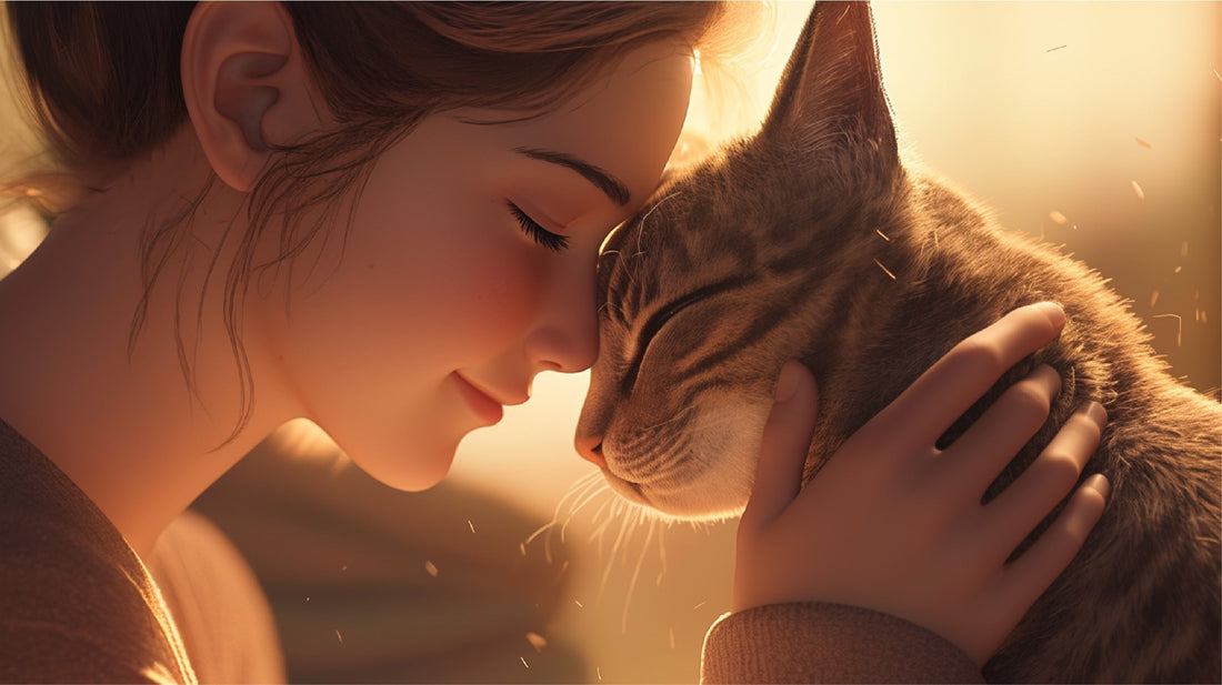A cat and it's owner lovingly head-butting aka bunting each other in a dimly lit setting
