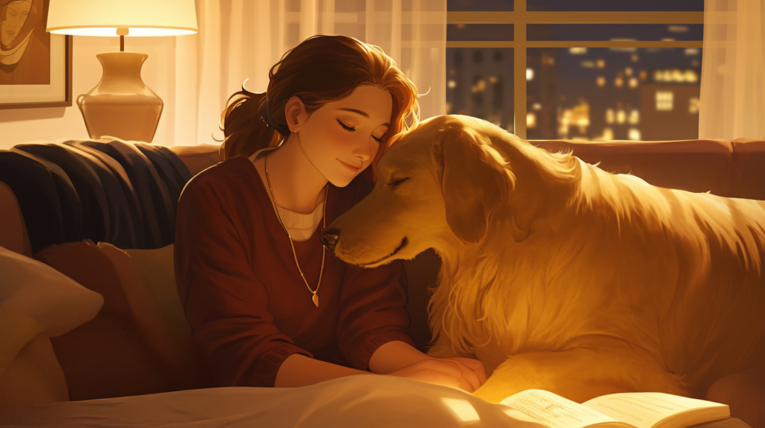 A dog owner and golden retriever share a tender moment in an apartment with dim lighting