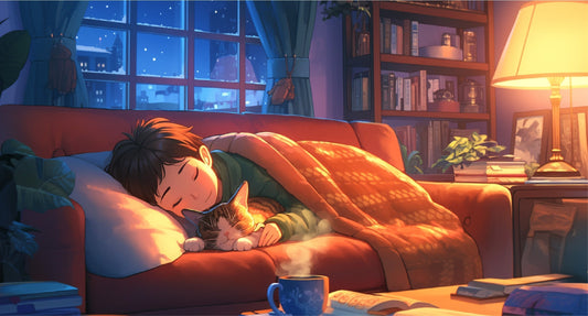 A cat and it's owner sleeping peacefully in a dimly lit apartment. The image has an anime style to it.