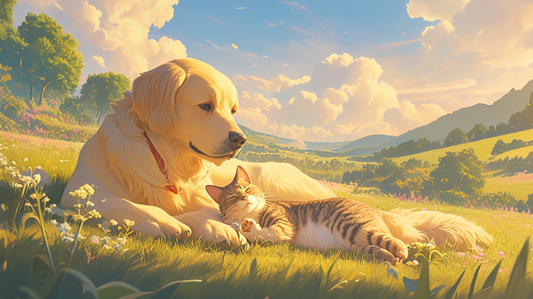 A dog and cat laying peacefully on a field with white clouds overhead.