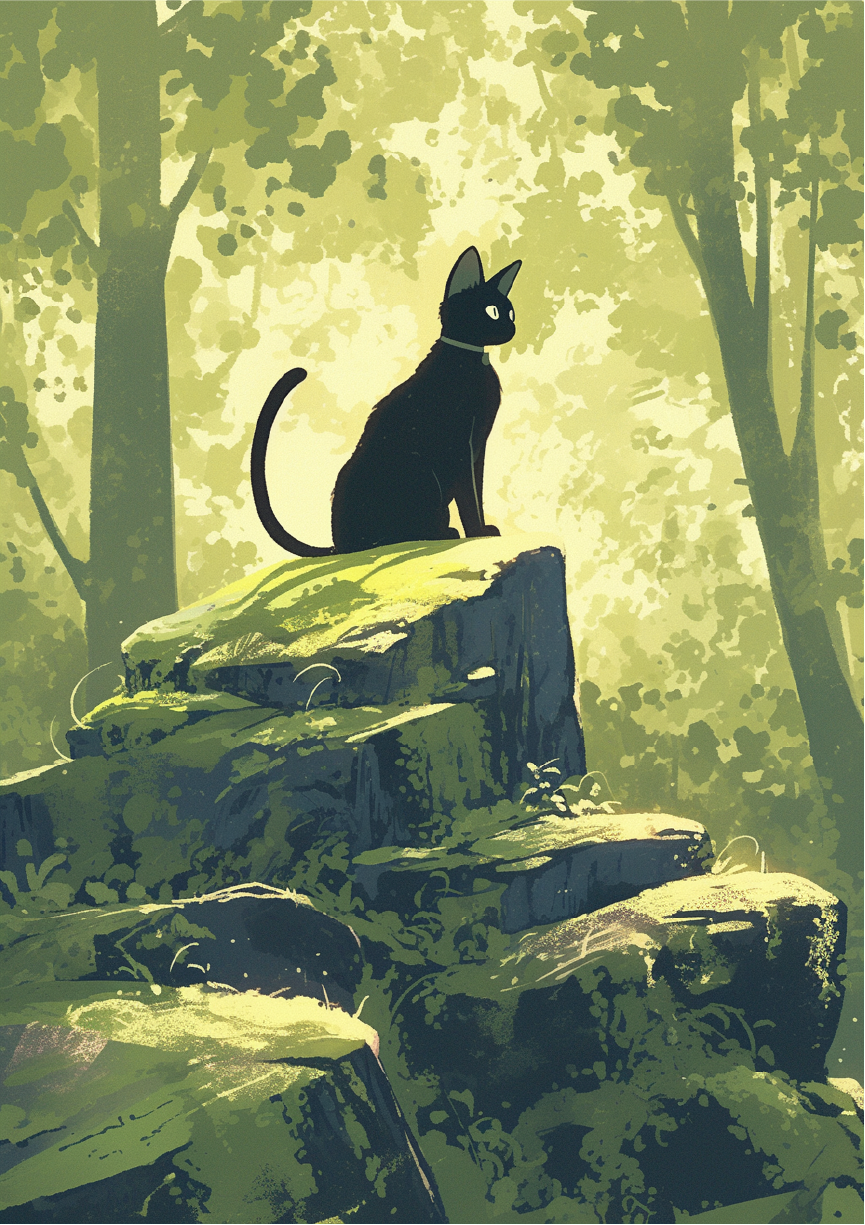 Elegant anime black cat art set in a tranquil forest