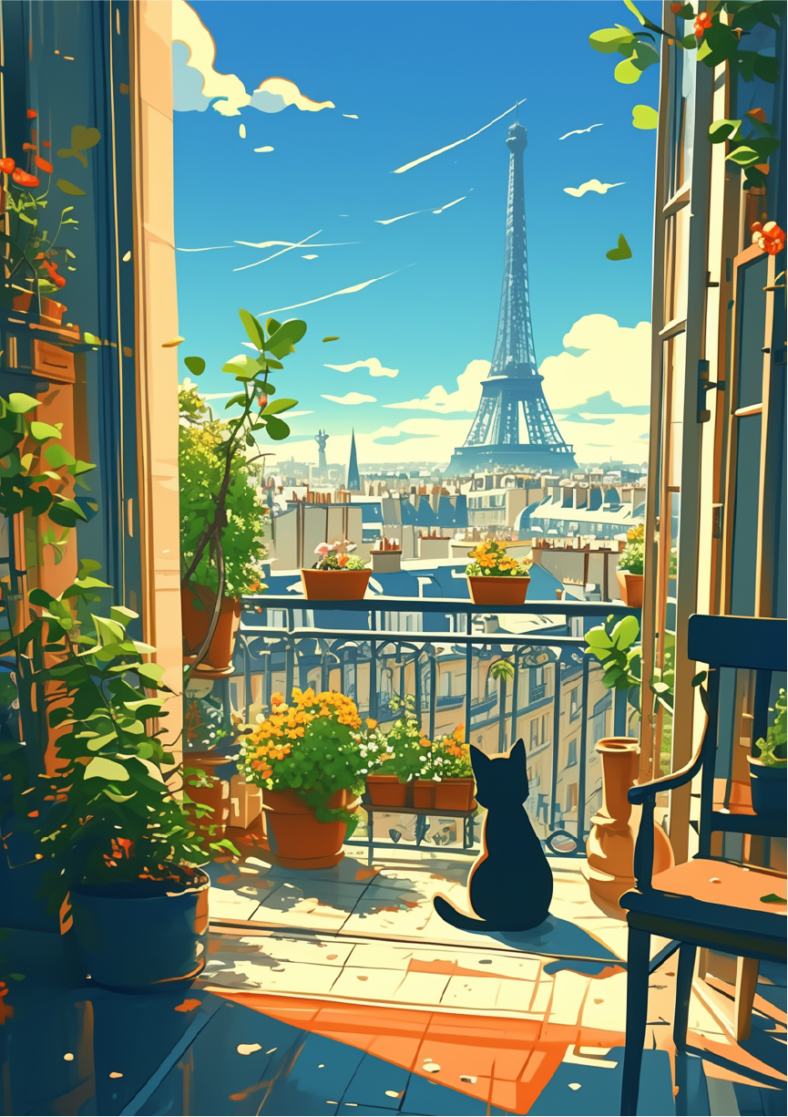 Elegant black cat illustration featuring a Parisian view with the Eiffel Tower.
