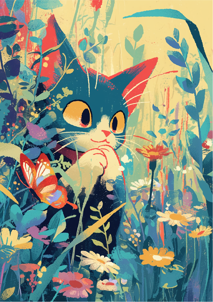 Adorable cat illustration featuring a curious feline in a colorful meadow.