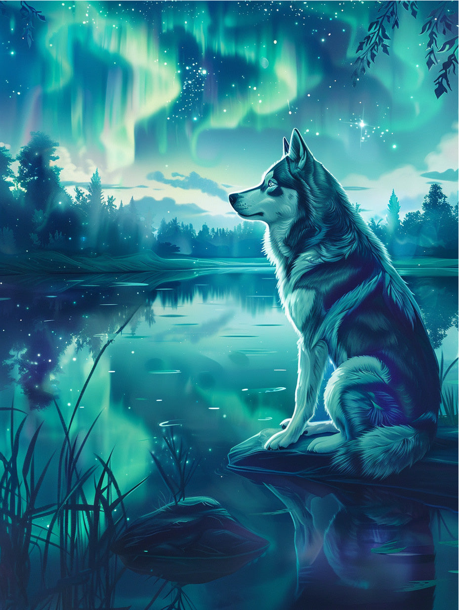 Lakeside Siberian Husky Under Northern Lights – Husky Print