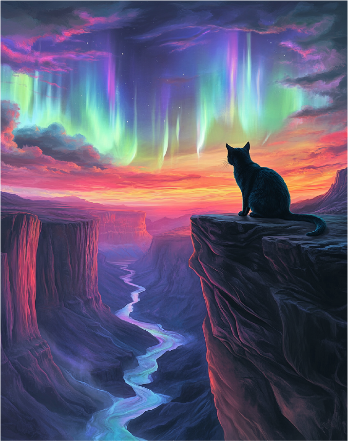 Stunning cat artwork of a black cat under the northern lights