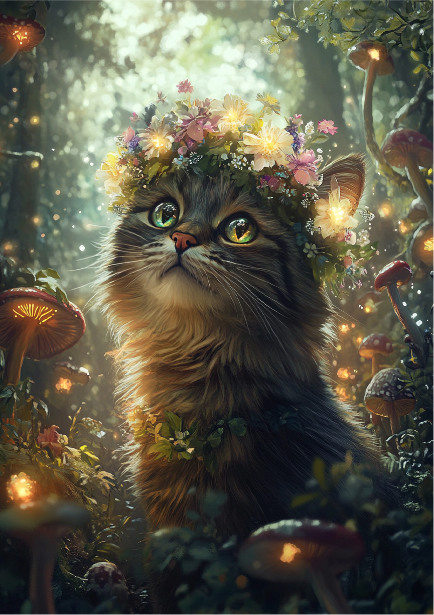 Forest Cat with Floral Crown - Cat Print