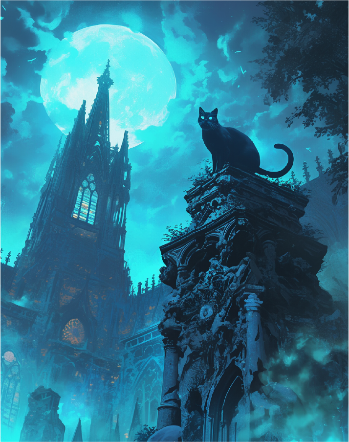 Anime Gothic Black Cat Under a Full Moon - Black Cat Print