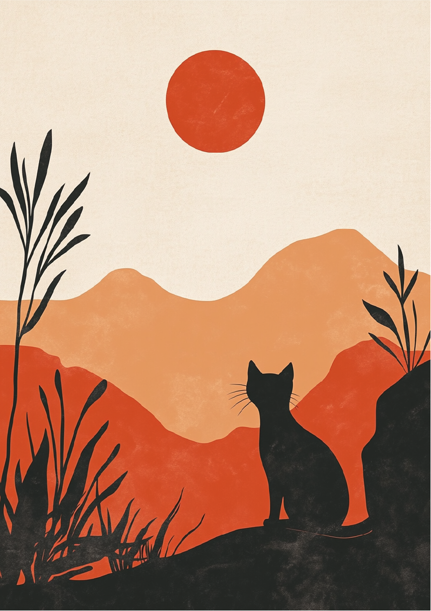 Modern and minimalist cat artwork featuring a cat silhouette at sunset.