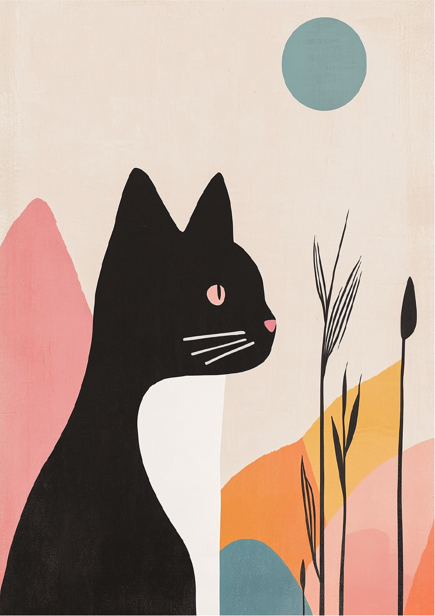 Modern Abstract Cat with Moon - Cat Print