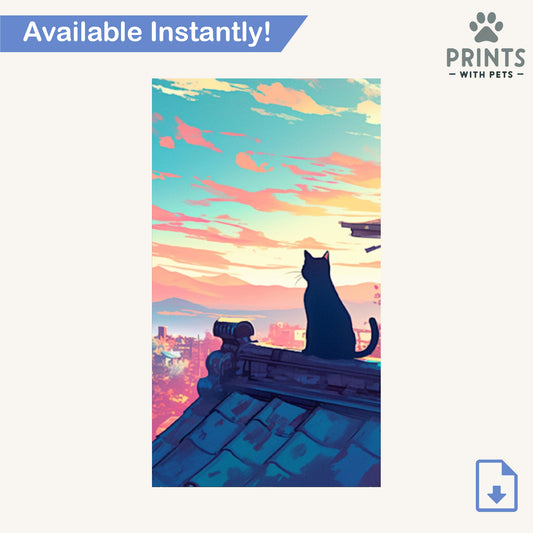 Anime Rooftop Cat at Sunset - Cat Wallpaper