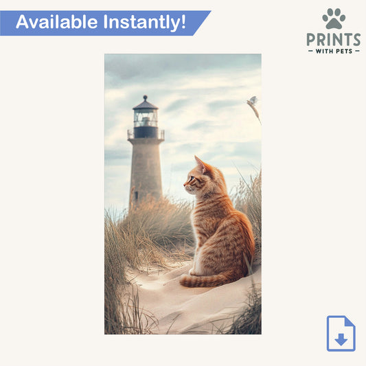 Ginger Cat by the Lighthouse - Cat Wallpaper